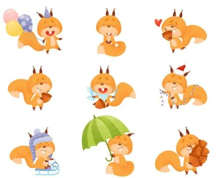 Cartoon Squirrel Character Engaged in Different Activities Vector Set Stock Illustration