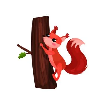 Cartoon squirrel climbing up tree trunk. Small forest rodent with red fur Stock Illustration