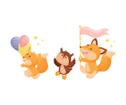 Cartoon squirrel, eagle owl and foxes are coming. Vector illustration on a white Stock Illustration
