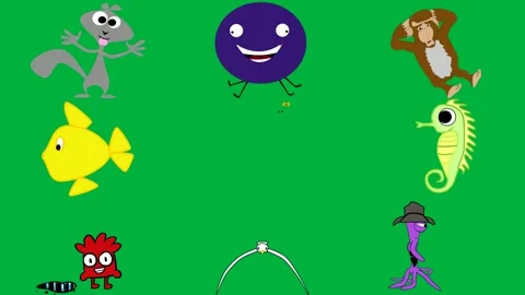 Cartoon squirrel green background ant monkey yellow fish screen map. Stock Footage 310563084