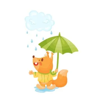 Cartoon squirrel is standing in the rain. Vector illustration. Stock Illustration