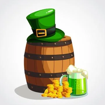Cartoon St. Patrick s Day greeting card. Beer and gold. Vector illustration Stock Illustration