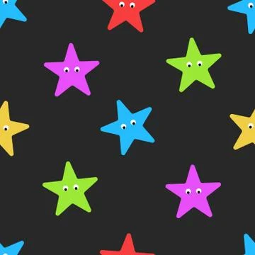 Cartoon starfish seamless pattern on dark summer background. Colorful star sh Stock Illustration