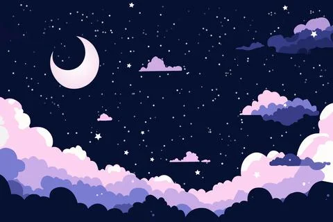 Cartoon starry background. Cloud, crescent and stars in darkness vector print Stock Illustration