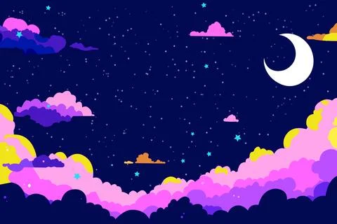 Cartoon starry background. Cloud, crescent and stars in darkness vector print Stock Illustration