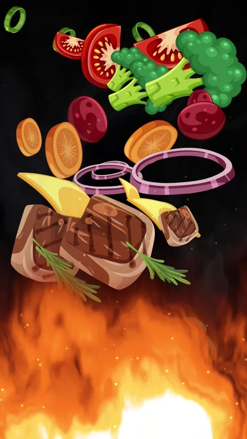 Cartoon Steak and Vegetables Falling Into Blazing Fire Loop Vídeos de archivo 348190070