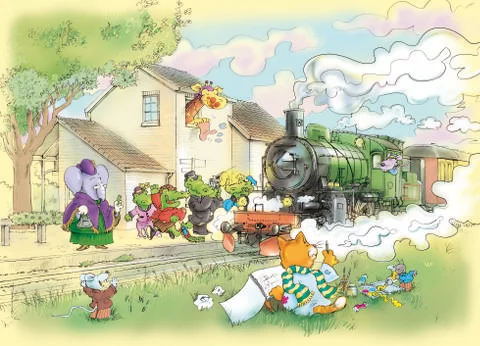 Cartoon steam train with animals and painter Stock Illustration