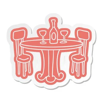 Cartoon sticker dinner table and drinks Stock Illustration