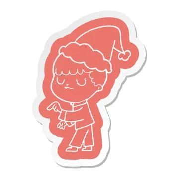Cartoon  sticker of a grumpy boy wearing santa hat Stock Illustration
