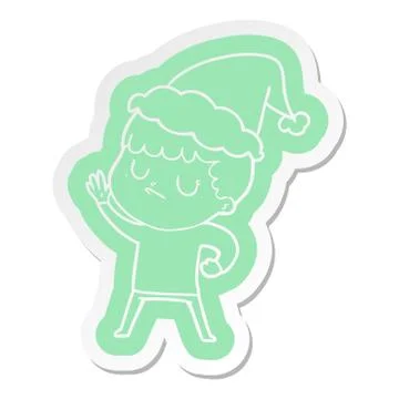 Cartoon  sticker of a grumpy boy wearing santa hat Stock Illustration