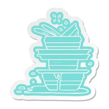 Cartoon sticker of a stack of dirty plates Stock Illustration