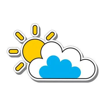 Cartoon sticker of the Sun behind a cloud on a white background. Vector Stock Illustration