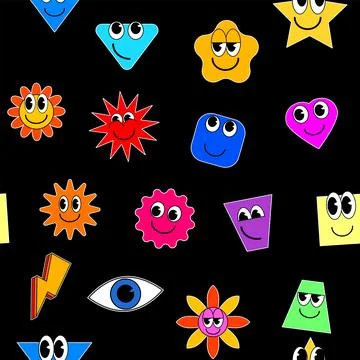Cartoon stickers Seamless pattern. Abstract shapes, stars, square, comic cute Stock Illustration