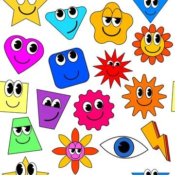 Cartoon stickers seamless pattern. Abstract shapes, stars, square, comic cute 스톡 일러스트