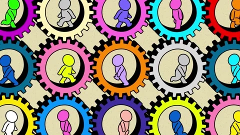 Cartoon stickmen different multi color people in cogs Stock Footage 249670665