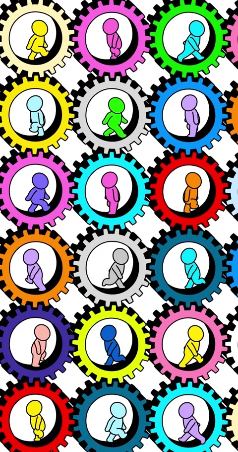 Cartoon stickmen different multi color people in cogs vertical Stock Footage 282650536