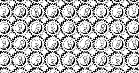 Cartoon stickmen same people in cogs whiteboard. Society metaphor. Stock Footage 282571618