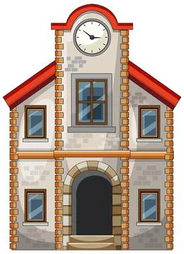 Cartoon Stone Clock Tower Building Front View Ilustración de archivo