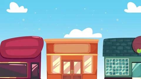 Cartoon storefronts animation with white clouds moving in bright blue sky. 動画素材 339066082