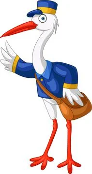 Cartoon stork postman on white background Stock Illustration