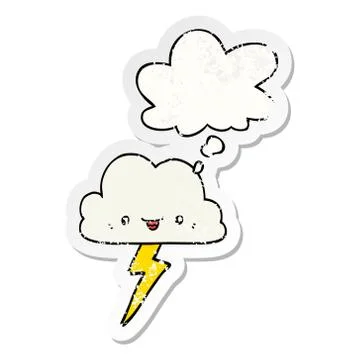 Cartoon storm cloud and thought bubble as a distressed worn sticker 스톡 일러스트