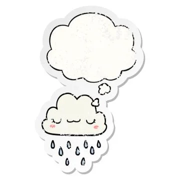 Cartoon storm cloud and thought bubble as a distressed worn sticker Stock Illustration
