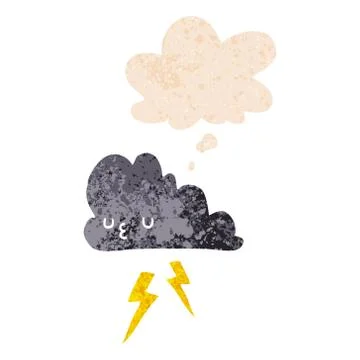 Cartoon storm cloud and thought bubble in retro textured style 스톡 일러스트