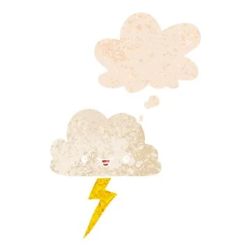 Cartoon storm cloud and thought bubble in retro textured style Stock Illustration