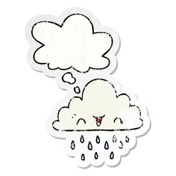 Cartoon storm cloud and thought bubble as a distressed worn sticker Stock Illustration