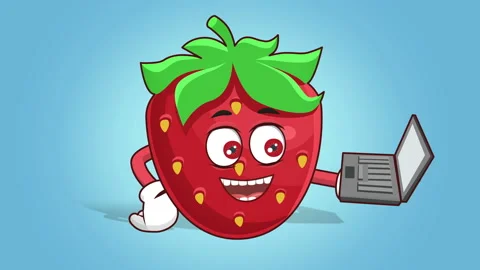 Cartoon Strawberry Face Animation work on Laptop with luma Matte Video stock 120619845