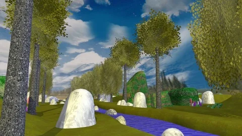 CARTOON STREAM BETWEEN AN AVENUE OF TREES Stock-Footage 74355729