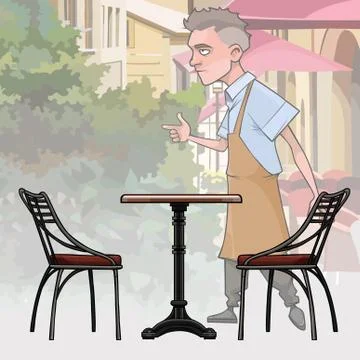 Cartoon strict waiter next to an empty table in a street cafe Stock Illustration