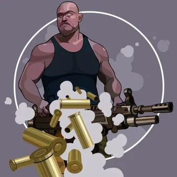 Cartoon strong man with big automatic weapons Stock Illustration