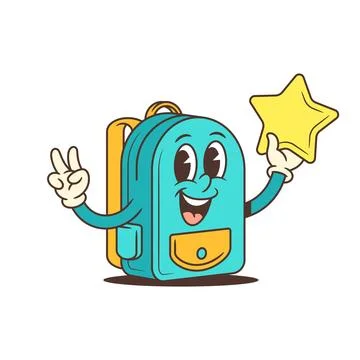 Cartoon-style backpack mascot with expressive eyes wide smile, and dynamic po Stock Illustration