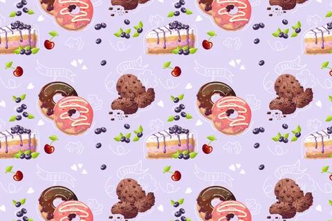 Cartoon style confectionery pattern on purple background.Doodle. Vector Illustrazione stock