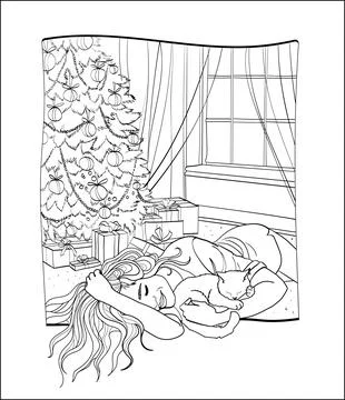 Cartoon style. Cute woman under Christmas tree. Single design element. Clipart. Stock Illustration