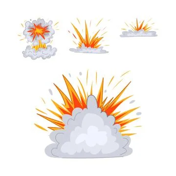 Cartoon style explosion effect set with fire and smoke Stock Illustration