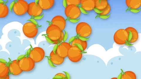 Cartoon Style Falling Oranges Animation Over Blue Sky and Clouds Stock Footage 341907212