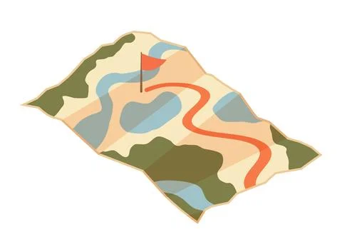 Cartoon style folded paper map with colorful landscape, red route path 库存插图