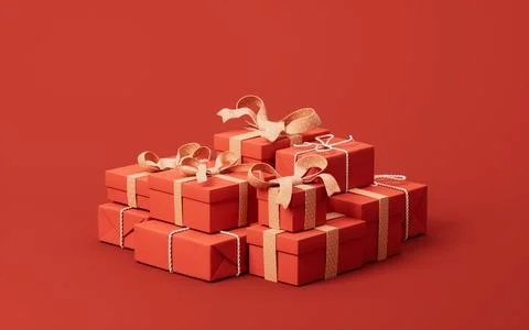 Cartoon style gift boxes with red background, 3d rendering. Stock Illustration