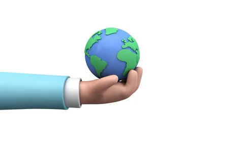 Cartoon style hand holding a planet earth. Earth day concept. 3D Render Stock Illustration