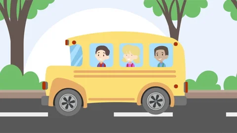 Cartoon-style loop animation of a yellow school bus on its way to school Stock Footage 282925450
