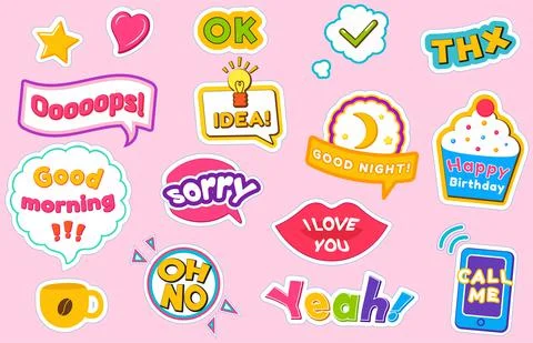 Cartoon style patch badges with text, comic icons, colorful sticker pack Stock Illustration