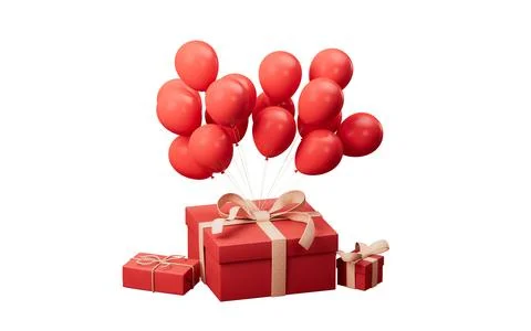 Cartoon style red gift boxes with balloons, 3d rendering. Stock Illustration