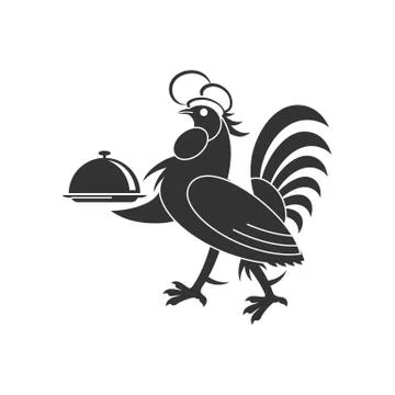 Cartoon style rooster chef with hat and dish silhouette vector illustration i Stock Illustration