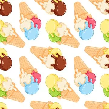 Cartoon style seamless pattern of melting scoop ice cream cone with lemon Stock Illustration