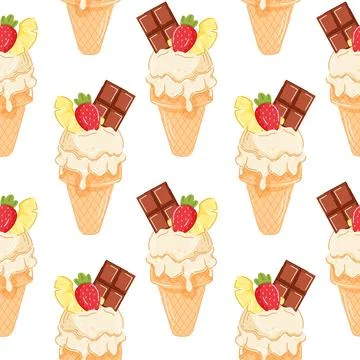 Cartoon style seamless pattern of vanilla ice cream cone topped with chocolate Stock Illustration