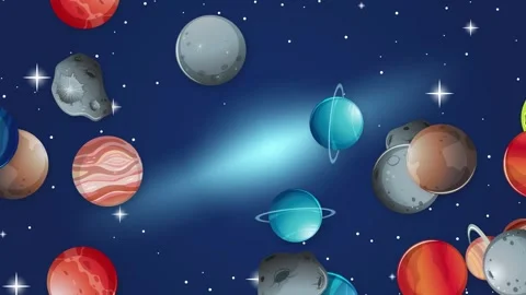 Cartoon Style Space Animation with Floating Planets and Asteroids Stock Footage 341538804