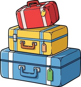 Cartoon style stack of vintage suitcases with red, yellow, and blue colors ev Illustrazione stock
