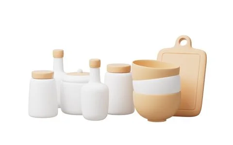 Cartoon style tableware and spices bottles, 3d rendering. Stock Illustration